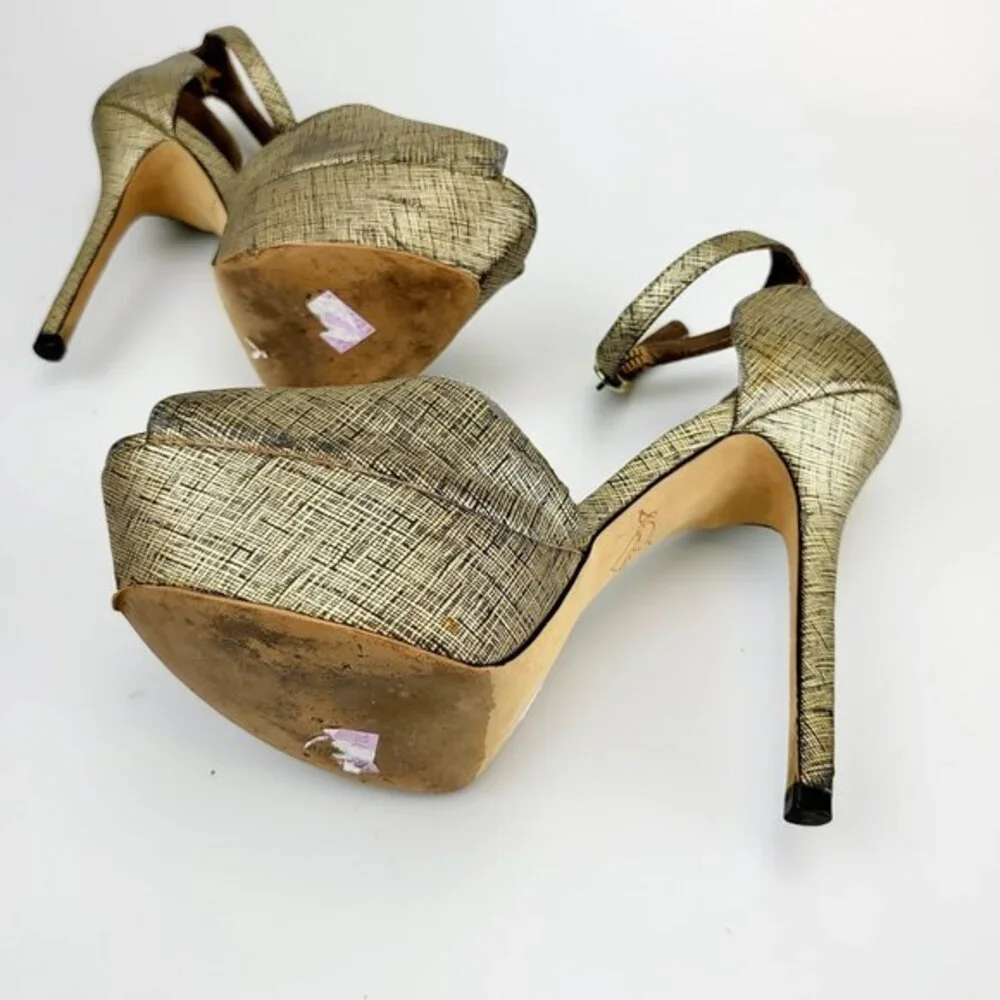 Y2K Platform Heels Sam Edelman Sandals 6 Gold Glam Crosshatch‎ Peep Toe Stiletto